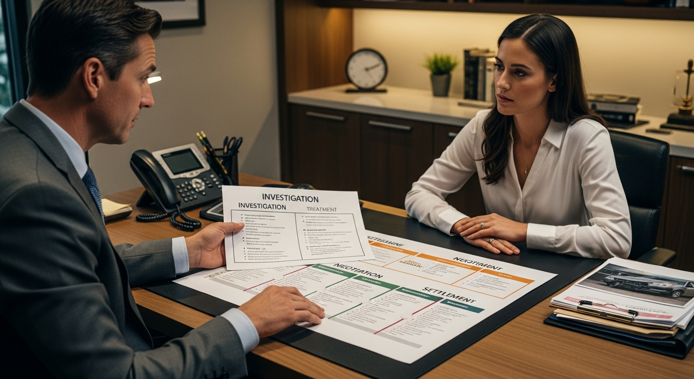 Attorney reviews car accident settlement timeline with client using documents, calendar, and case evidence.