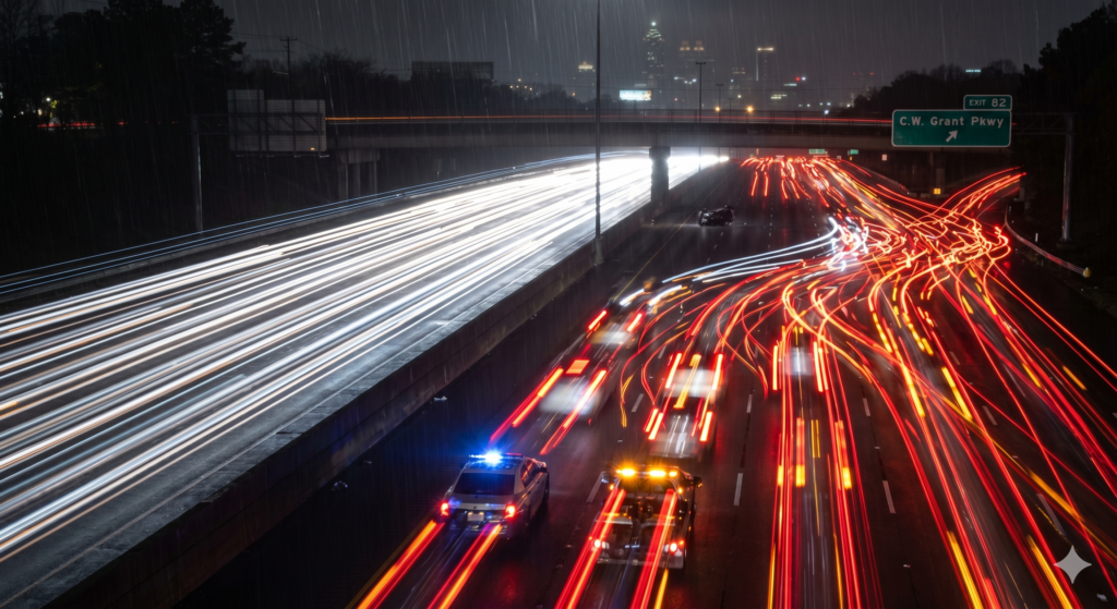 A blurry photo of highway traffic showing bright brake lights, capturing how quickly one car stopping causes others to react. This highlights everyone's responsibility to drive safely, even when things happen fast.