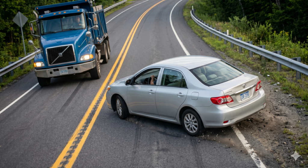 An overcorrection example: a silver sedan turns too sharply away from a gravel drift, spinning out across the yellow lines into the path of an oncoming blue semi-truck.